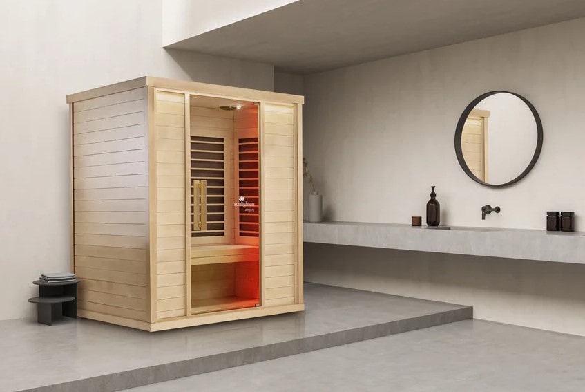 A infared sauna in a new bathroom, ready to be used by the owners who decided a infared sauna was the best choice for them.